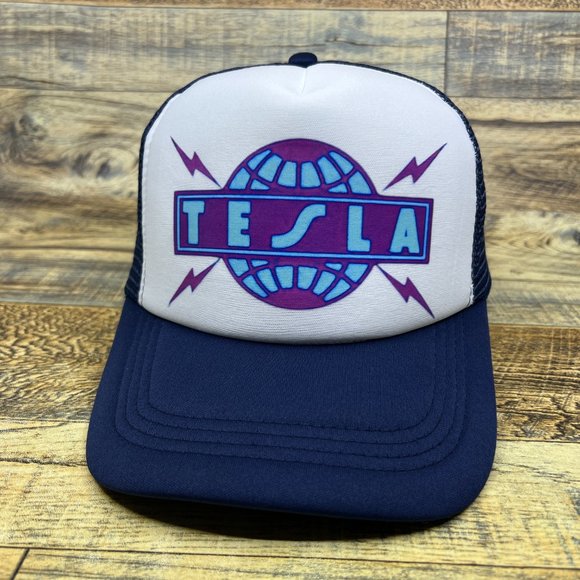 Tesla Band Mens Trucker Hat Navy Snapback 80s Rock N Roll Band Baseball Cap - Picture 2 of 8